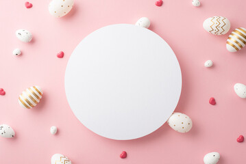 Fototapeta na wymiar Easter concept. Top view photo of white circle white golden easter eggs and heart shaped sprinkles on isolated pastel pink background with copyspace
