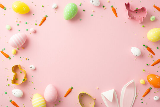 Easter decor concept. Top view photo of easter eggs chicken and rabbit shaped baking molds bunny ears and carrot shaped sprinkles on isolated pastel pink background with copyspace in the middle