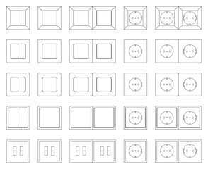 Lichtschalter und Steckdosen, diverse Modelle, maßstabsgetreu, skalierbar, editierbar, Vektorgrafik, Schaltsymbole, Architektur, 