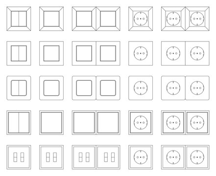 Lichtschalter und Steckdosen, diverse Modelle, ma&szlig;stabsgetreu, skalierbar, editierbar, Vektorgrafik, Schaltsymbole, Architektur, 