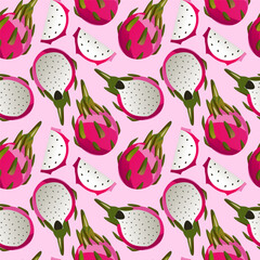 Exotic fruit seamless pattern with dragon fruit on dark background. Hand drawn summer tropic fruit texture. Vector fruit illustration. For textiles, clothing, bed linen, office supplies