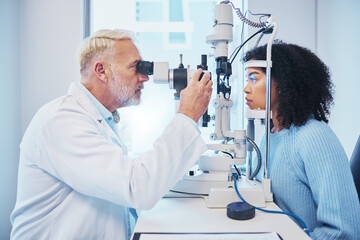 Eye exam, consulting and laser with doctor and black woman for healthcare, ophthalmology and medical. Glaucoma, lens and wellness with patient and optometrist in clinic for vision, checklist and help - obrazy, fototapety, plakaty