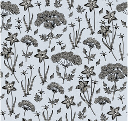 Seamless pattern fabric. Beautiful blooming realistic isolated flowers. Vintage background. Set Croton Hemlock fern wildflowers. Wallpaper baroque. Drawing engraving. Vector victorian illustration. © Наталья Лобенко