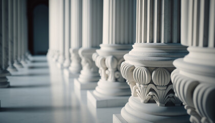 White marble pillars in a row inside a building, AI generative