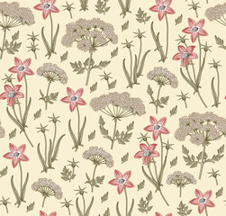 Seamless pattern fabric. Beautiful blooming realistic isolated flowers. Vintage background. Set Croton Hemlock fern wildflowers. Wallpaper baroque. Drawing engraving. Vector victorian illustration. © Наталья Лобенко
