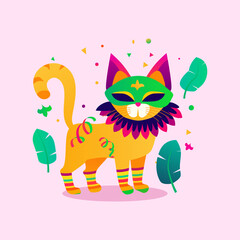 Vector illustration Cat in mardi gras mask. A cartoon illustration of a Mardi Gras Cat. Mardi Gras jester. © gleolite