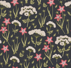Seamless pattern fabric. Beautiful blooming realistic isolated flowers. Vintage background. Set Croton Hemlock fern wildflowers. Wallpaper baroque. Drawing engraving. Vector victorian illustration. © Наталья Лобенко