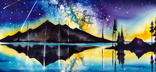 Amazing watercolor landscape of beautiful night sparkling with billions of stars. Milky way and shining constellations above calm lake surrounded by blurry silhouettes of mountains and wood. 