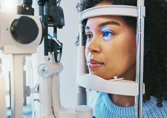 Ophthalmology, medical and eye exam with black woman and consulting for vision, healthcare and...