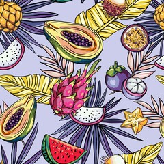 pattern of juicy tropical fruits and palm leaves, Sketch for print on fabric, especially on bag, accessories and design, hand draw colorful fruit mix, summer vibes
