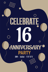 Vector 16th years anniversary design for greeting invitation  with balloon  elegant design template.