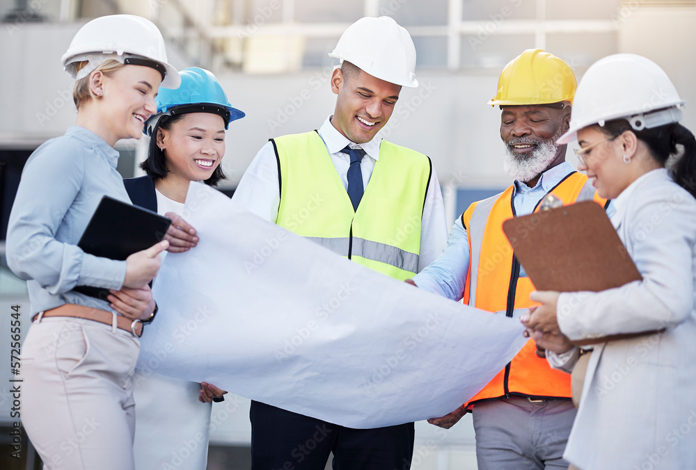 Poster Architect, building and construction team with blueprint in planning strategy, meeting or project layout on site. Group of diverse engineers or contractors discussing floor plan for city architecture
