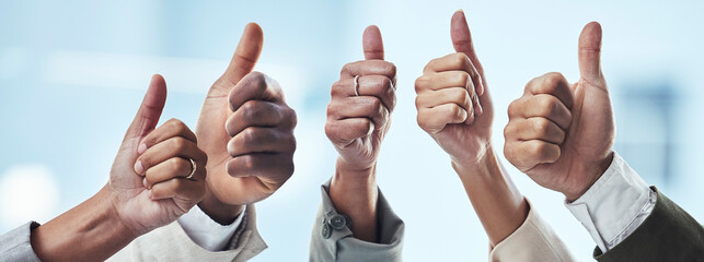 Hands, people and thumbs up for thank you, good job or success in collaboration, agreement or goals. Hand of group showing thumb emoji for winning, yes or support in trust, teamwork or solidarity
