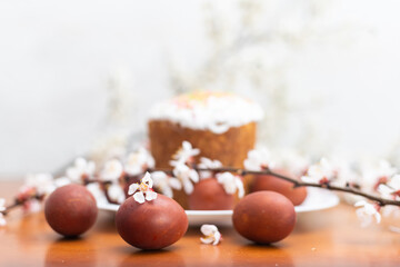 Easter cake, painted egg and blooming branch, spring composition on wooden table