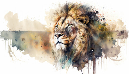 Majestic lion portrait watercolor paint on white. Generative AI - obrazy, fototapety, plakaty