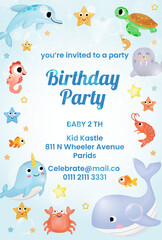 Fototapeta na wymiar birthday invitation, birthday card cute marine theme sea cute fish, turtle