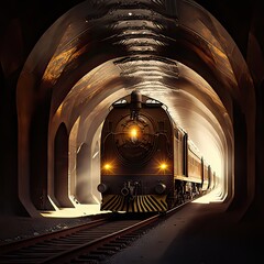 Brown train in a tunnel with headlights on. Transportation of passengers over long distances, reserved seat, first class train, high resolution, art, generative artificial intelligence