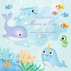 birthday invitation, birthday card cute marine theme sea cute fish, turtle