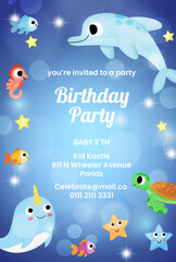 birthday invitation, birthday card cute marine theme sea cute fish, turtle