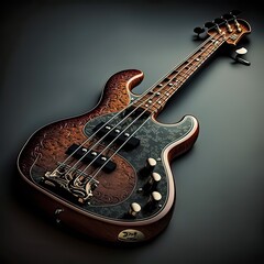 Bass guitar with a luxurious design on a gray background. Quality tree, music, creativity, high resolution, art, generative artificial intelligence