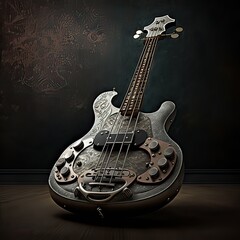 Bass guitar with a luxurious design in silver tones against the wall. Quality tree, music, creativity, high resolution, art, generative artificial intelligence