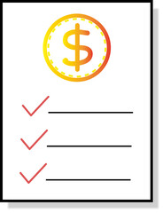 Several ticks and a money symbol on a paper document for confirmation icon