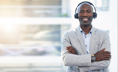 Call center, mockup and smile with portrait of black man for customer support, telemarketing and...