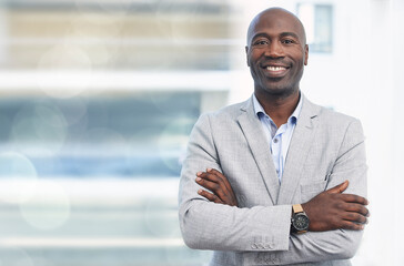 Smile, leadership and portrait of black man, confident ceo with mockup and blurred background. Vision, future and proud businessman, leaderin growth and development of business in corporate Africa. - obrazy, fototapety, plakaty
