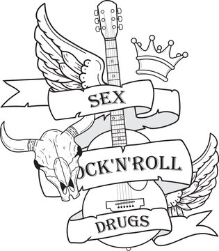 Hand drawn rock and roll emblem. Around the guitar there is a ribbon, wings, a crown and so on. Vector illustration, line art. Tattoo sketch. Music emblem.
