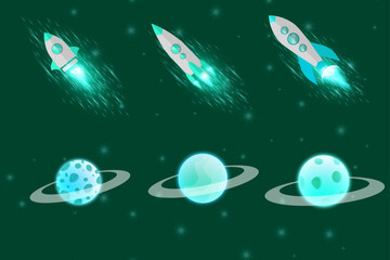 Green turquoise or teal planets in outer space with satellites, falling meteor and asteroids in dark starry sky. Galaxy, cosmos, universe futuristic fantasy