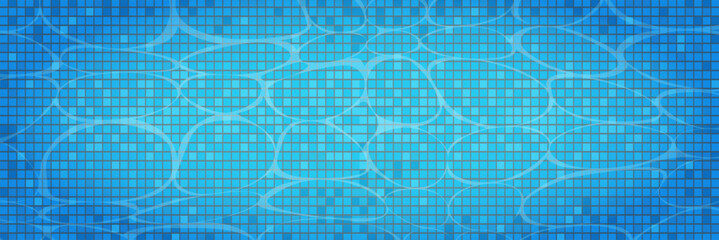 Swimming pool caustics ripple background. Blue swimming pool for backdrop, banner, wallpaper, surface pattern, cover and banner. Swimming pool bottom background. Summer concept, vector illustration