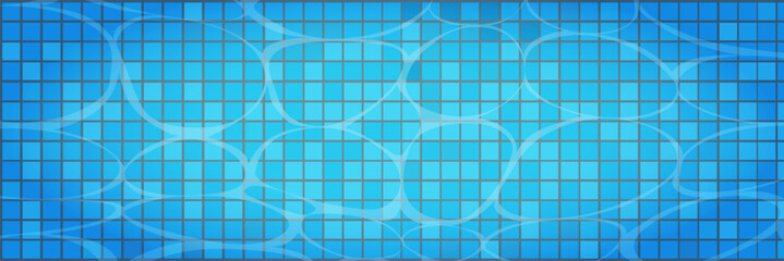 Swimming pool caustics ripple background. Blue swimming pool for backdrop, banner, wallpaper, surface pattern, cover and banner. Swimming pool bottom background. Summer concept, vector illustration