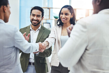 Handshake, business people and applause from consulting success with office management group....
