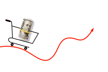 Shopping basket with dollars money on red arrow. Economic crisis, inflation and commodity prices concept
