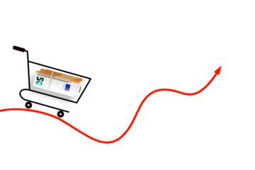 Shopping basket with euros money on red arrow. Economic crisis, inflation and commodity prices concept