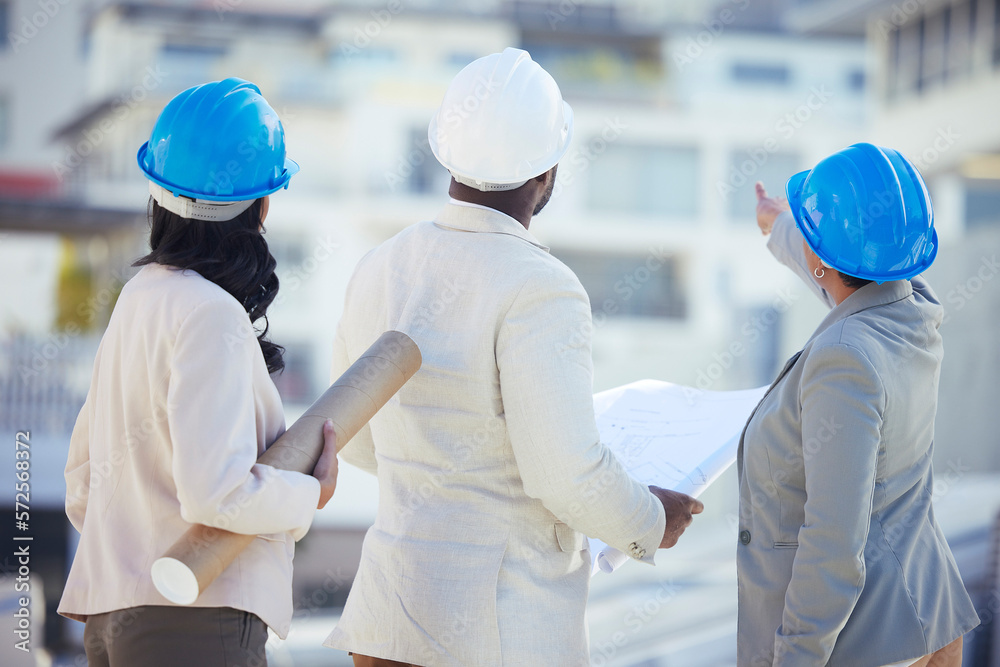 Poster engineering, collaboration or team on construction site with an blueprint for real estate developmen