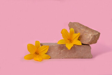 Stone podium pedestal cosmetic beauty product presentation empty mockup on trendy pink coral pastel background with yellow lilac flowers, minimalist backdrop