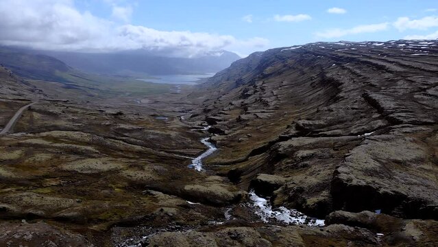 Iceland Berufjordur Waterfall at oxi road eastern of Iceland, a bird's-eye view