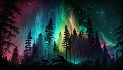 Fototapeta na wymiar landscape background forest with aurora sky colors