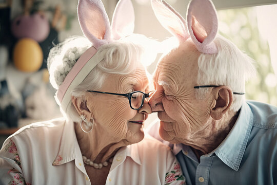 Elderly couple in love celebrating easter.Photorealistic image created by AI
