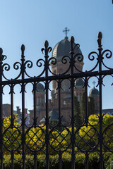 View of the park and domes of the cathedral against the background of the blue sky on a summer sunny day through an adhesive iron fence