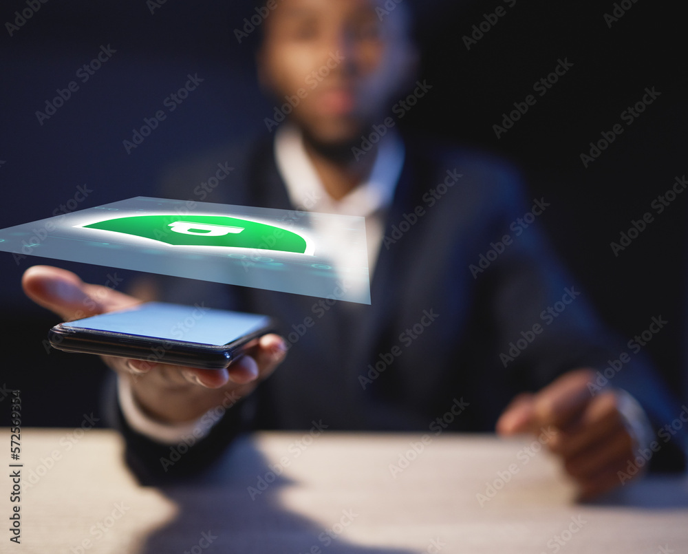 Poster phone, hologram and business hands with lock icon for cybersecurity, software safety or digital data