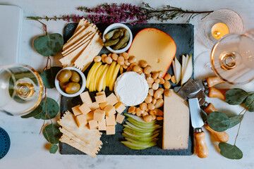 charcuterie board layflat with wine