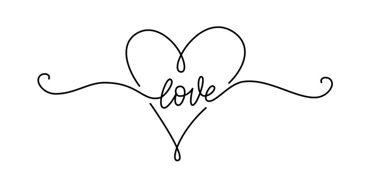 LOVE word continuous one line lettering with heart shape. Modern calligraphy hand drawn script love text. Vector illustration. Design for print on shirt, poster, banner. Text on white background