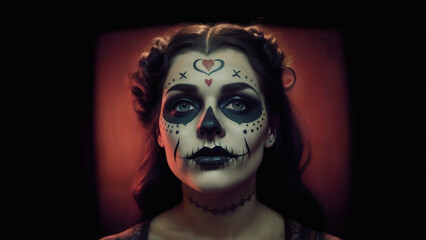 Mexican holiday of the dead. The day of the Dead, Dia de los muertos. Woman with sugar skull make up. Generative AI