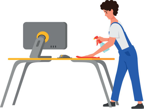 Male cleaner wipe dust on desk with computer use mop spray detergent isometric vector illustration