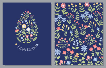 Floral Easter egg with Happy Easter greetings. Collection vertical cards with floral pattern on blue background. Vector illustration in flat style.