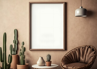 Vertical empty wood picture frame mockup in boho room with chair, potted cactus plants, lamp, brown wall background, illustration for design, wall art, template