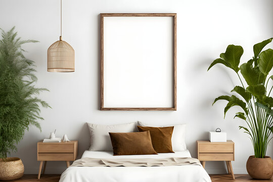 Vertical empty brown wood picture frame mockup in boho bedroom with bed, pillow,s potted plants, nightstands, lamp, white wall background, illustration for design, wall art, template