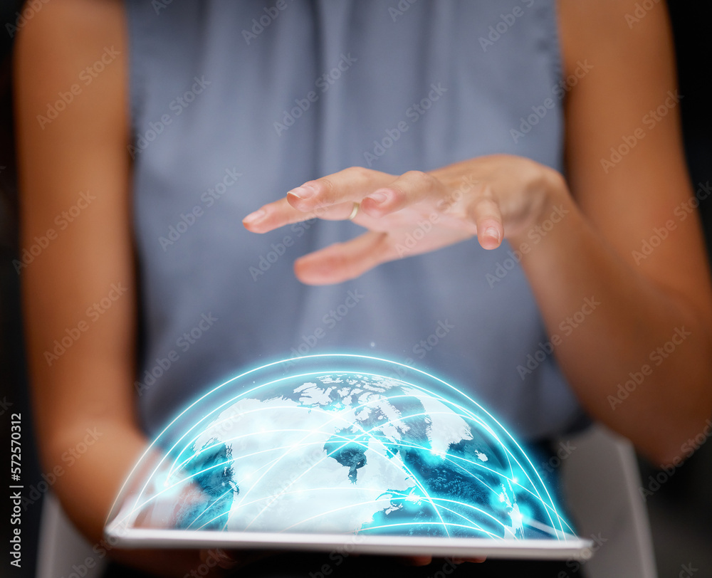 Poster global, hologram and woman hands on tablet for futuristic network, digital connection and cyber rese